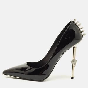 Philipp Plein Skull Heel Size 39 Black Patent Leather Studded Pointed Toe Pumps